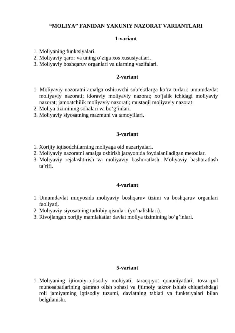 "MOLIYA" FANIDAN YAKUNIY NAZORAT VARIANTLARI