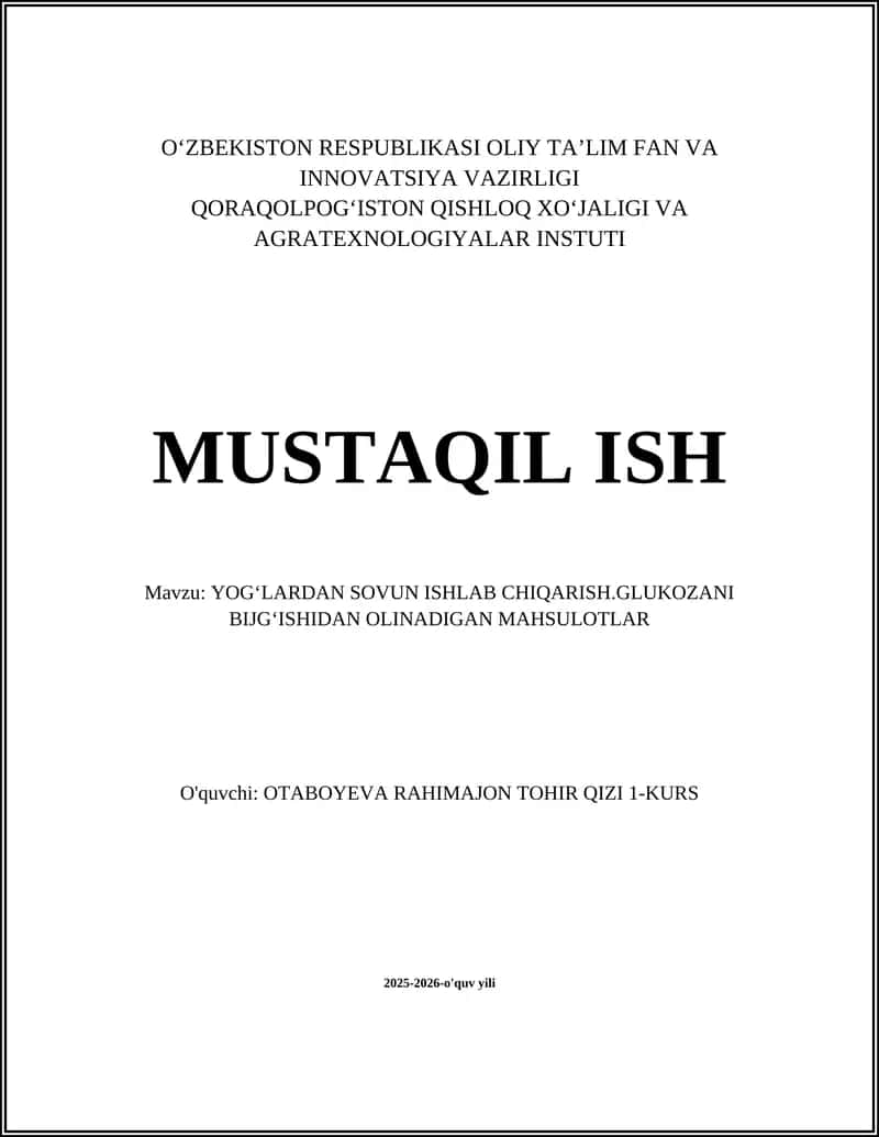 Yogʻlardan sovun ishlab chiqarish.GLUKOZANI BIJGʻISHIDAN OLINADIGAN MAHSULOTLAR