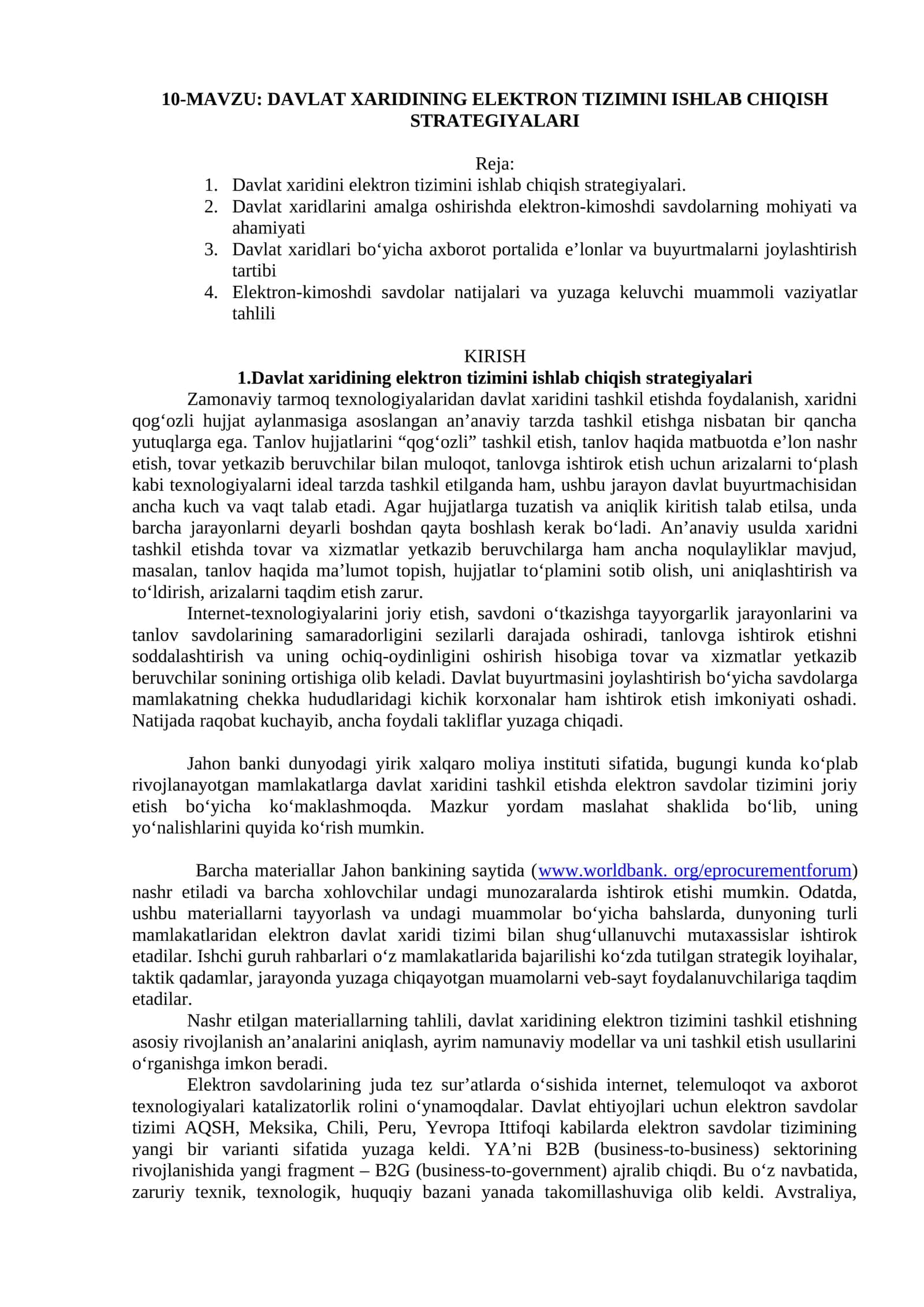 DAVLAT XARIDINING ELEKTRON TIZIMINI ISHLAB CHIQISH STRATEGIYALARI