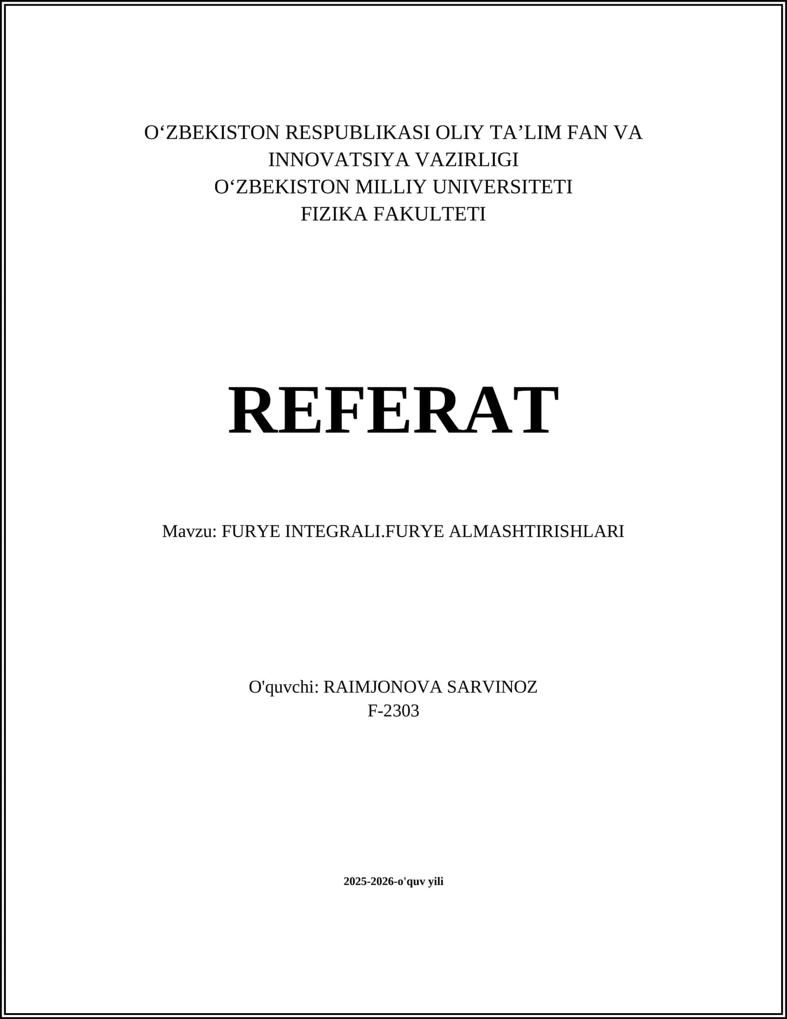 FURYE INTEGRALI.FURYE ALMASHTIRISHLARI