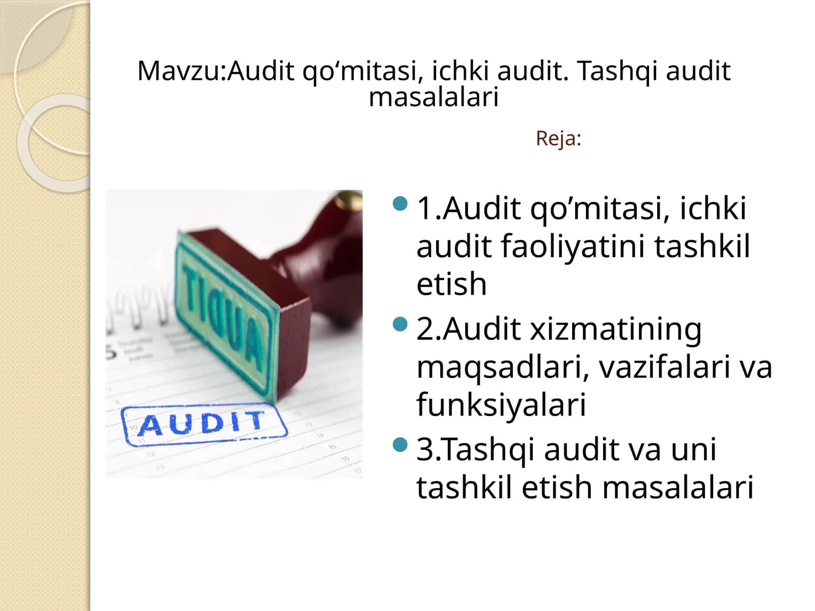 Audit qoʻmitasi, ichki audit. Tashqi audit masalalari