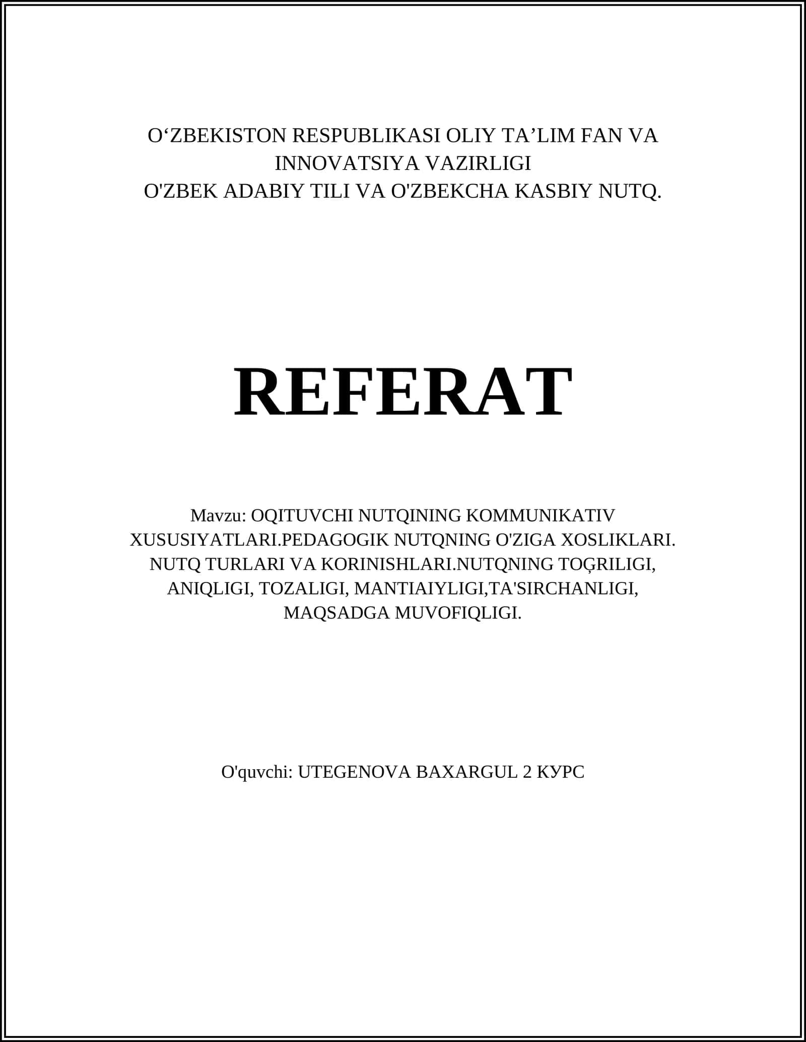 O'qituvchi Nutqining Kommunikativ Xususiyatlari