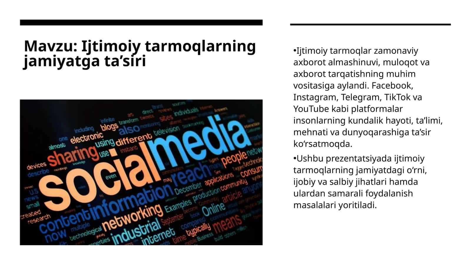 Ijtimoiy tarmoqlarning jamiyatga ta’siri | 20 slaydli prezentatsiya