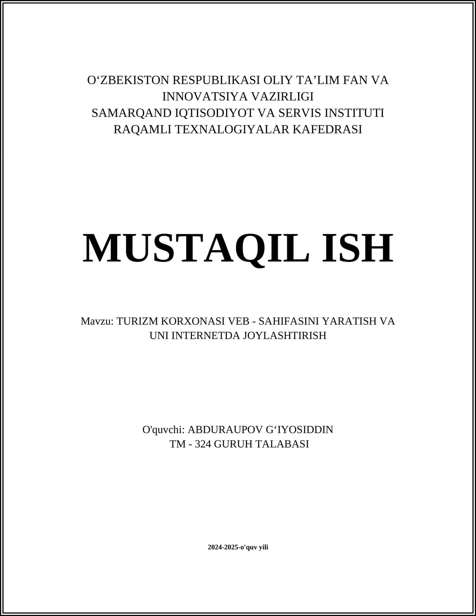 TURIZM KORXONASI VEB - SAHIFASINI YARATISH VA UNI INTERNETDA JOYLASHTIRISH