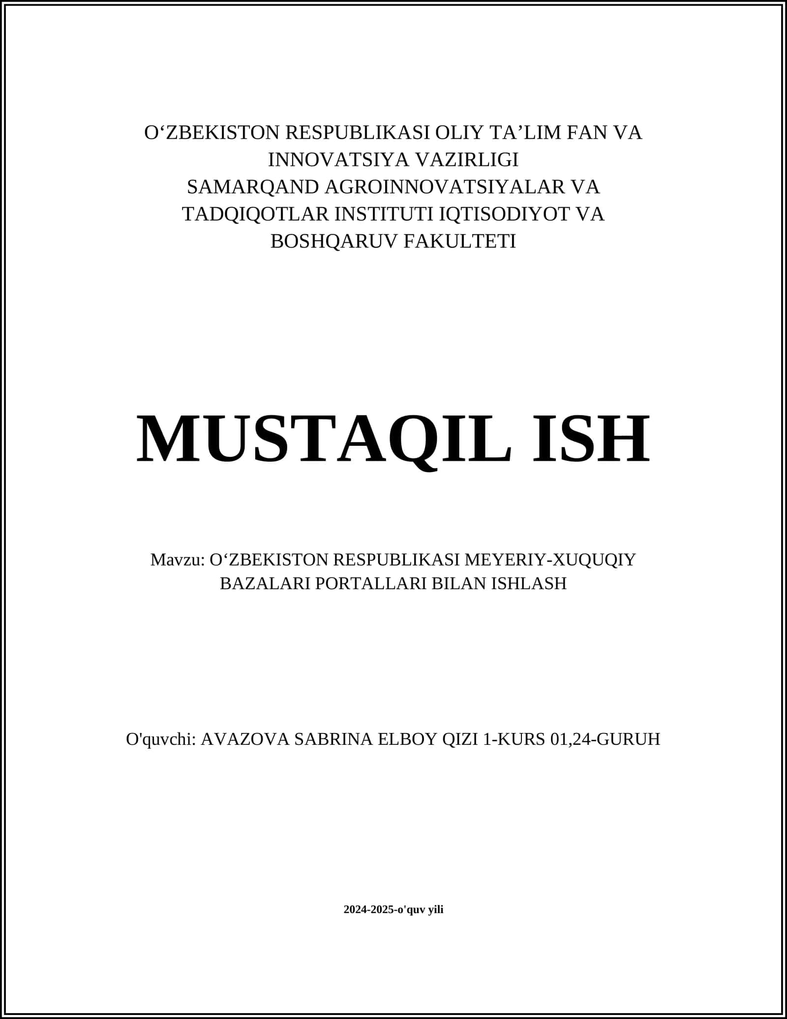 O‘ZBEKISTON RESPUBLIKASI MEYERIY-XUQUQIY BAZALARI PORTALLARI BILAN ISHLASH