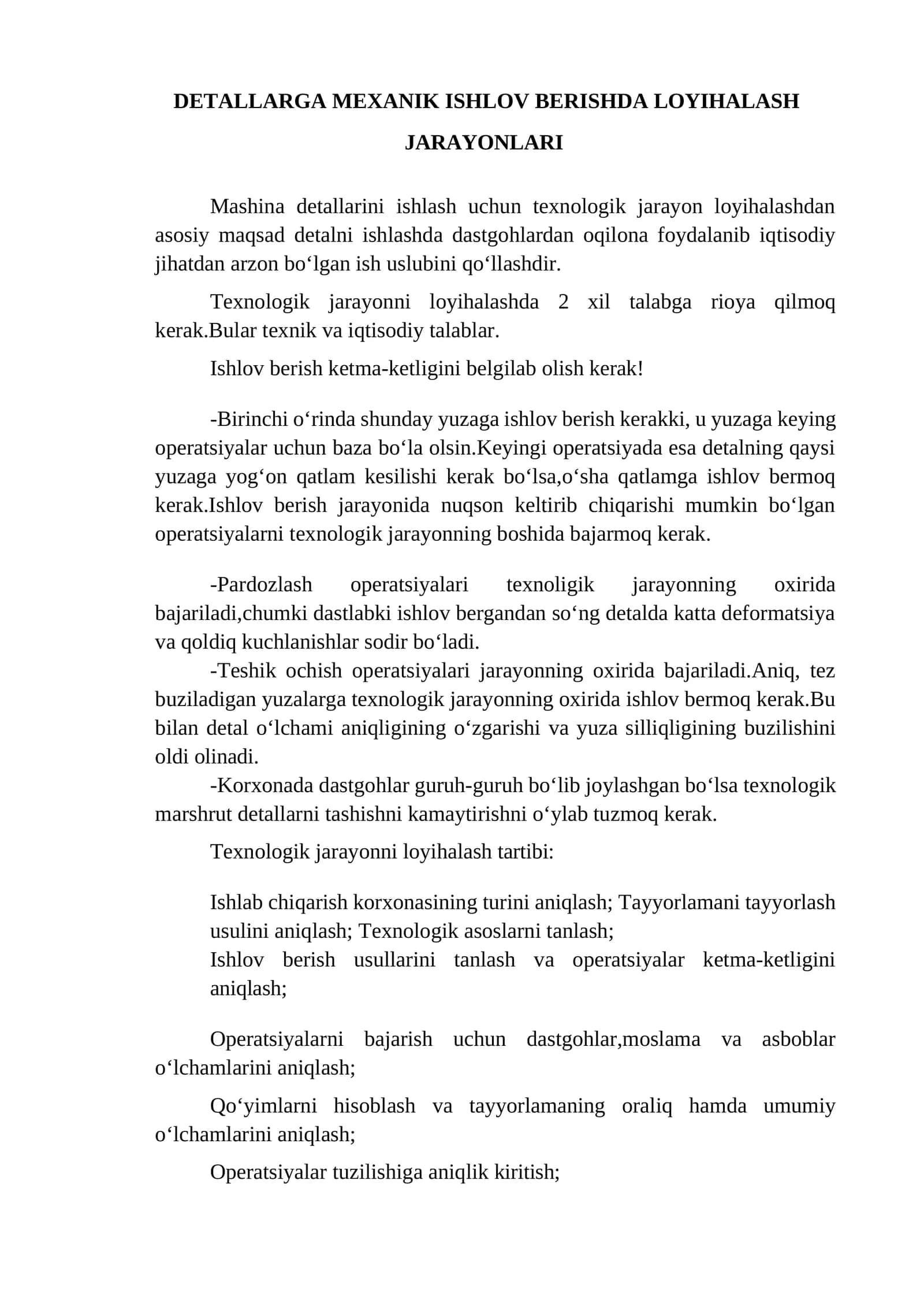 Detallarga Mexanik Ishlov Berishda Loyihalash