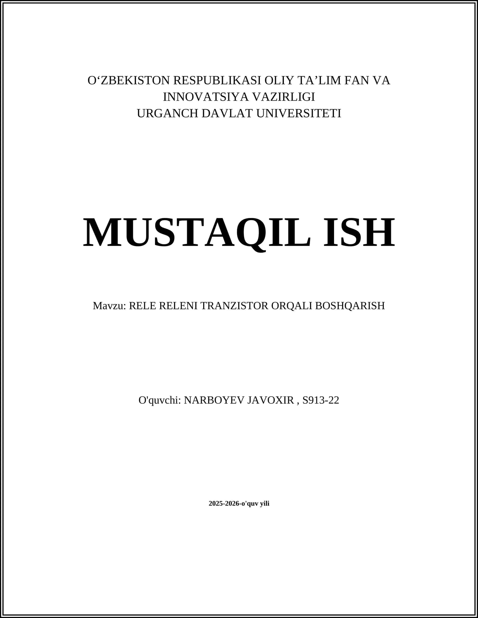 RELE RELENI TRANZISTOR ORQALI BOSHQARISH