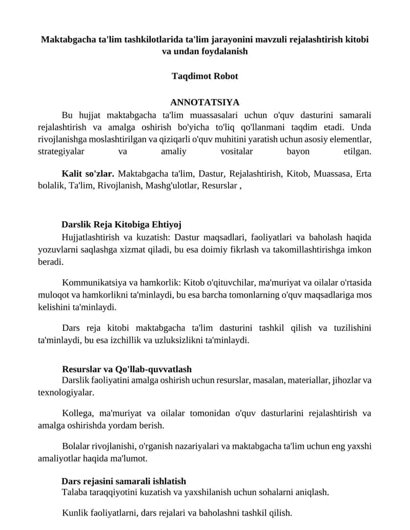 Maktabgacha ta'lim tashkilotlarida ta'lim jarayonini mavzuli rejalashtirish kitobi