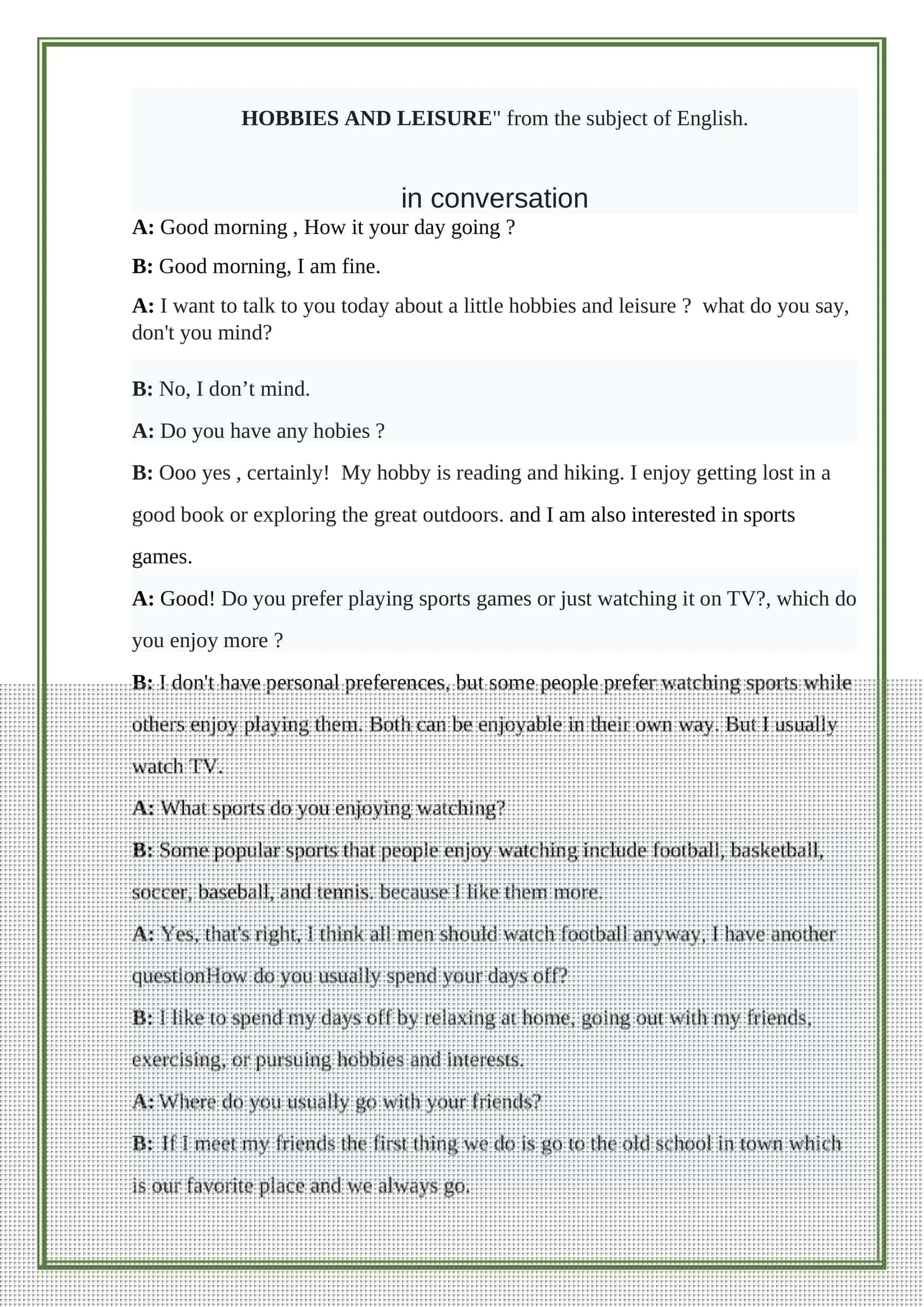 HOBBIES AND LEISURE in conversation