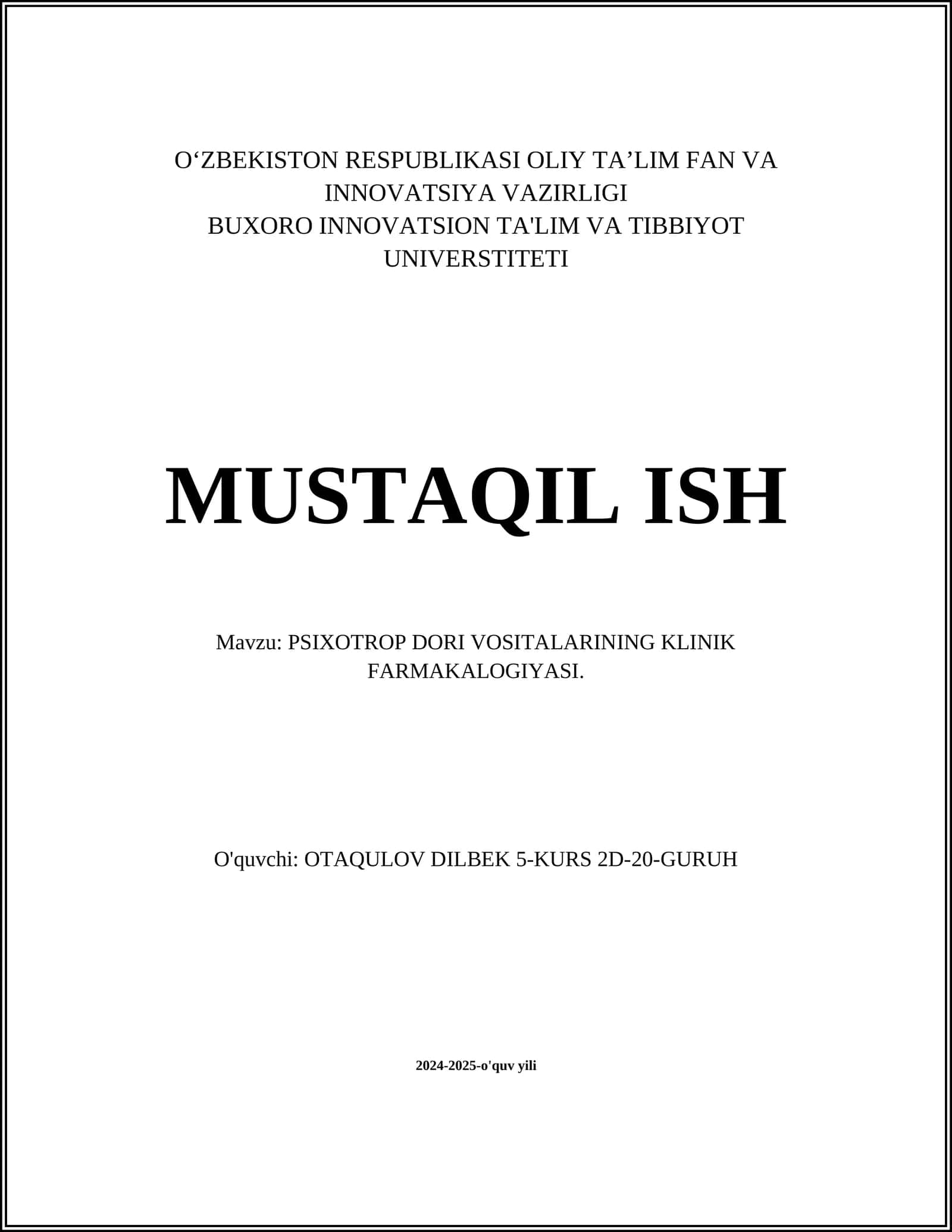 PSIXOTROP DORI VOSITALARINING KLINIK FARMAKALOGIYASI