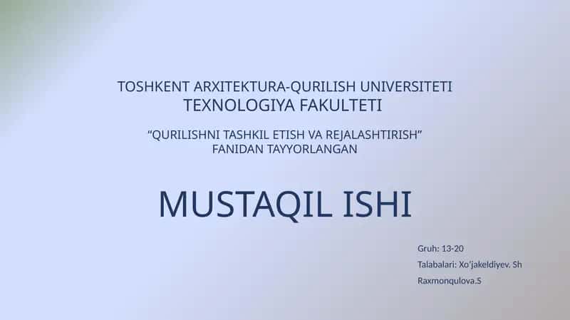Qurilish maydonini vaqtinchalik suv bilan ta’minlashni loyihalash masalalarini o’rganish