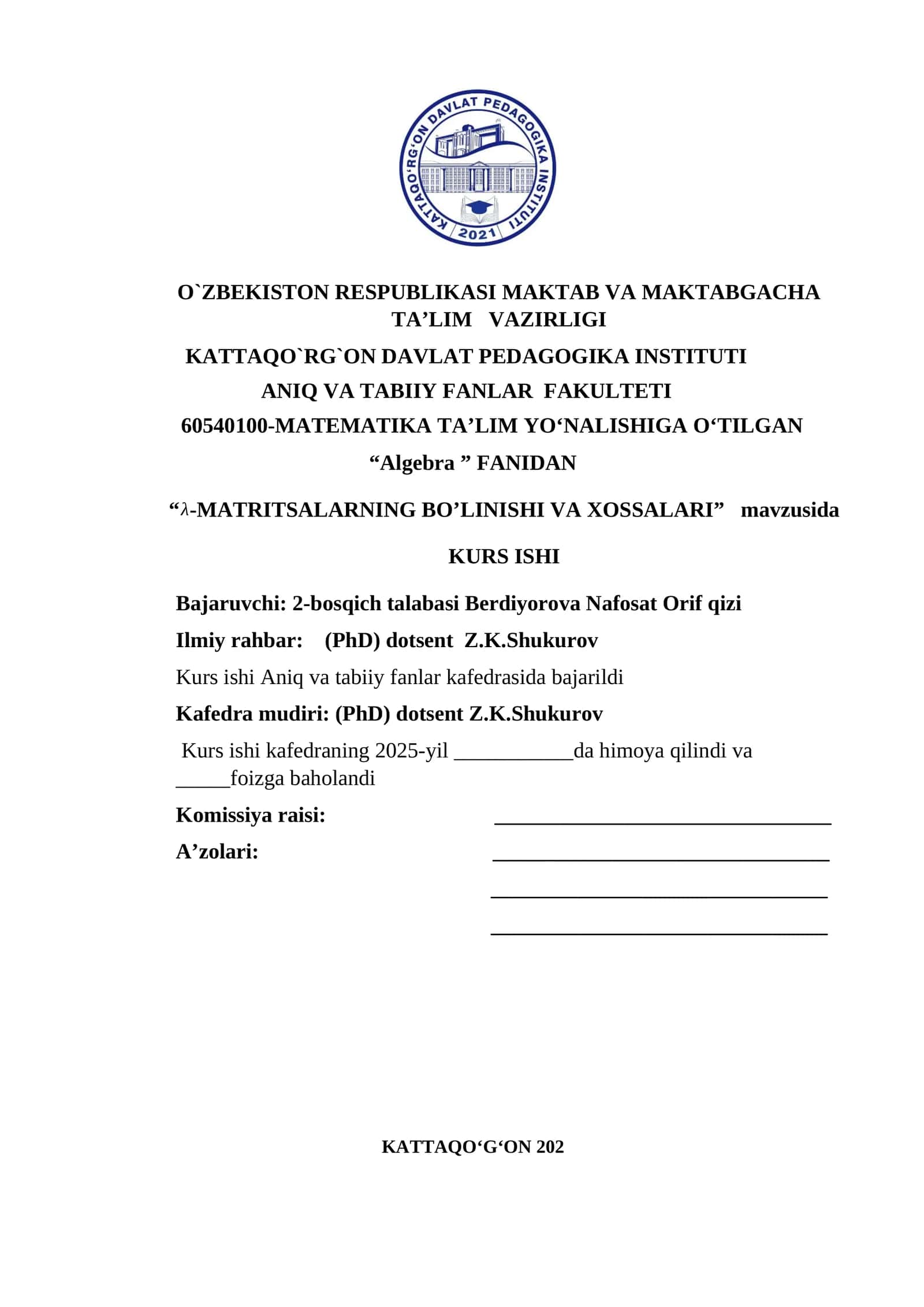 Lambda-matritsalarning bo'linishi va xossalari