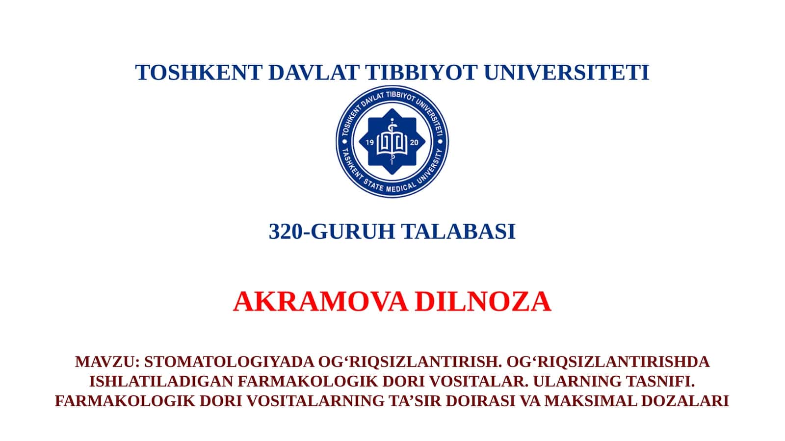 STOMATOLOGIYADA OG'RIQSIZLANTIRISH