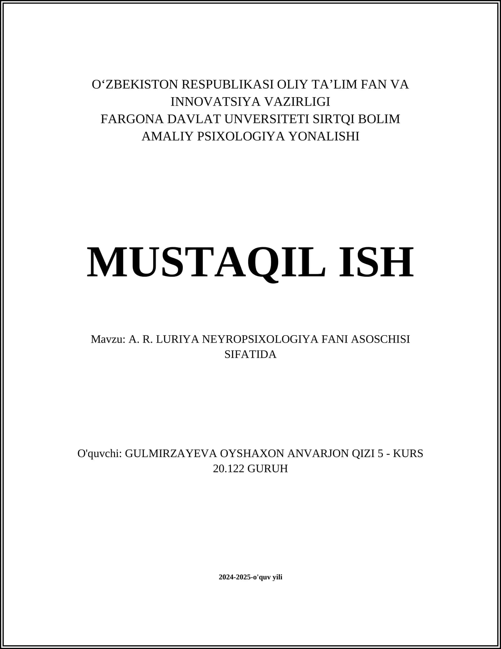 A. R. LURIYA NEYROPSIXOLOGIYA FANI ASOSCHISI SIFATIDA