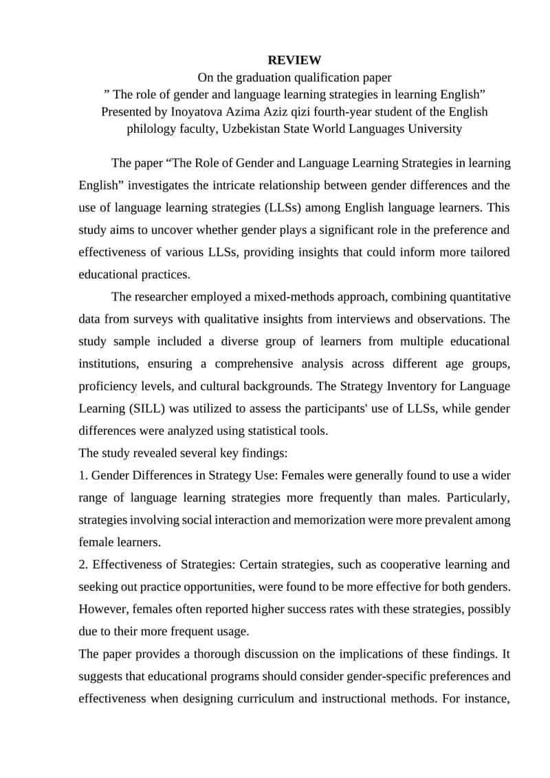 The Role of Gender and Language Learning Strategies in learning English