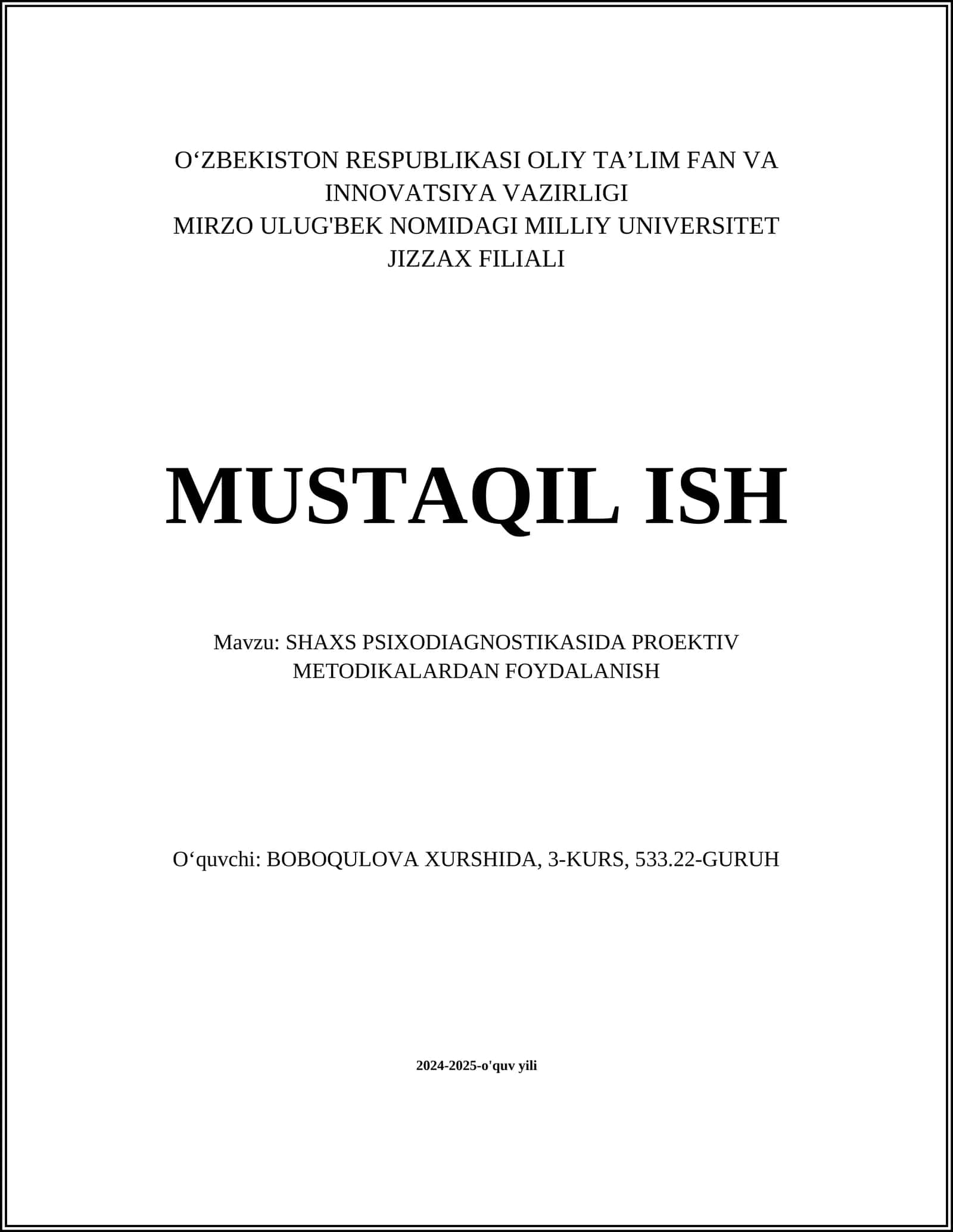 SHAXS PSIXODIAGNOSTIKASIDA PROEKTIV METODIKALARDAN FOYDALANISH