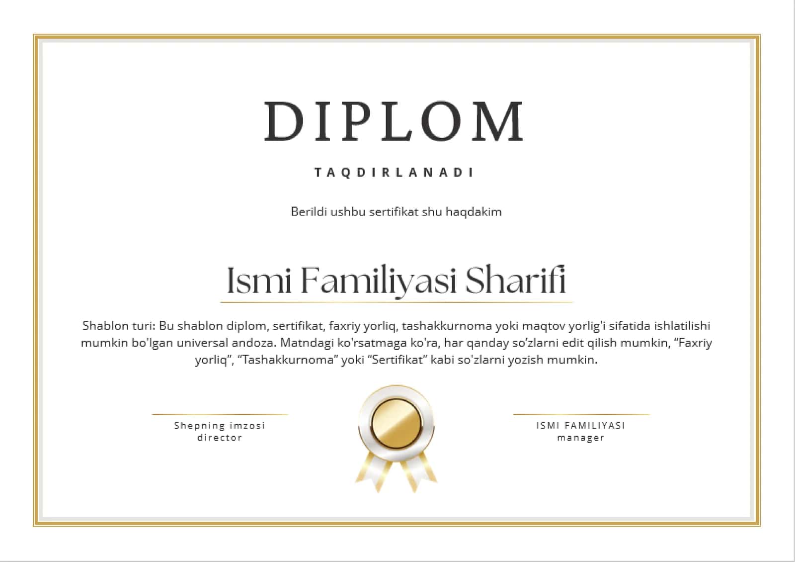 Shablon turi: Bu shablon diplom, sertifikat, faxriy yorliq