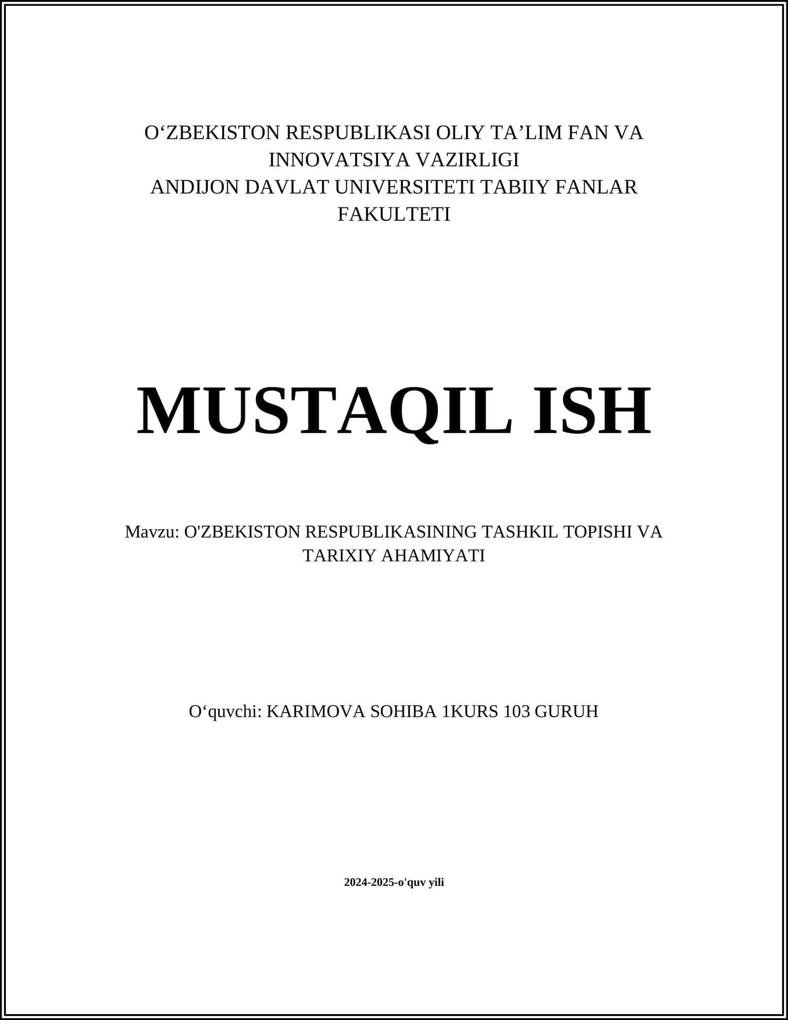 O'ZBEKISTON RESPUBLIKASINING TASHKIL TOPISHI VA TARIXIY AHAMIYATI