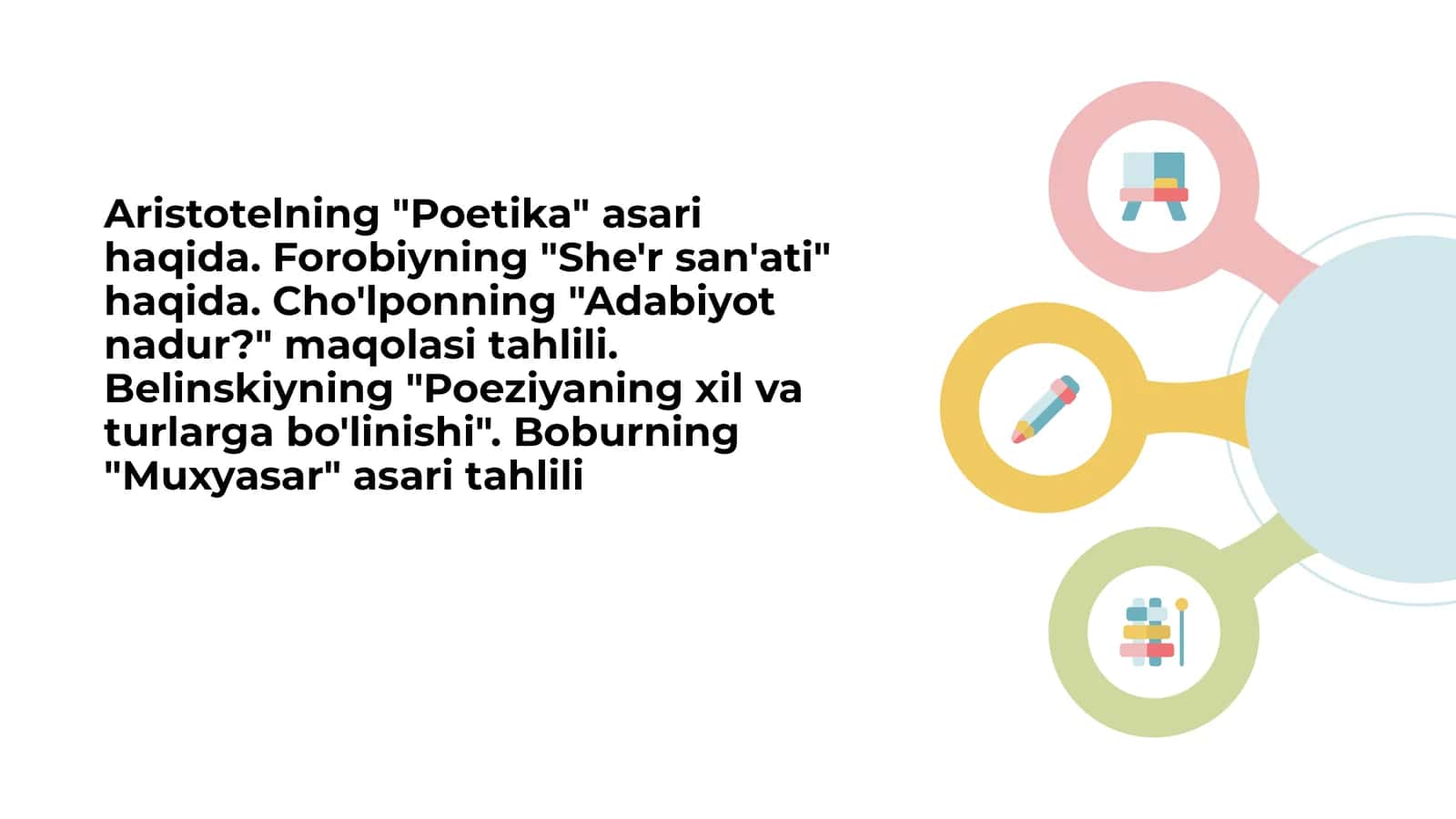 Aristotelning "Poetika" asari haqida. Forobiyning "She'r san'ati" haqida. Cho'lponning "Adabiyot nadur?" maqolasi tahlili. Belinskiyning "Poeziyaning xil va turlarga bo'linishi". Boburning "Muxyasar" asari tahlili