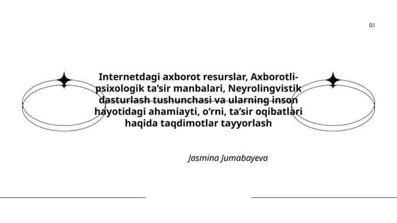 Internetdagi axborot resurslar, Axborotli-psixologik ta’sir manbalari, Neyrolingvistik dasturlash tushunchasi va ularning inson hayotidagi ahamiayti, o‘rni, ta’sir oqibatlari haqida taqdimotlar tayyorlash