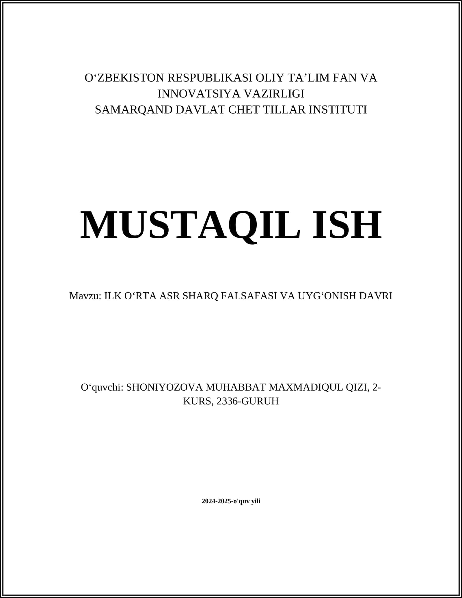 ILK OʻRTA ASR SHARQ FALSAFASI VA UYGʻONISH DAVRI