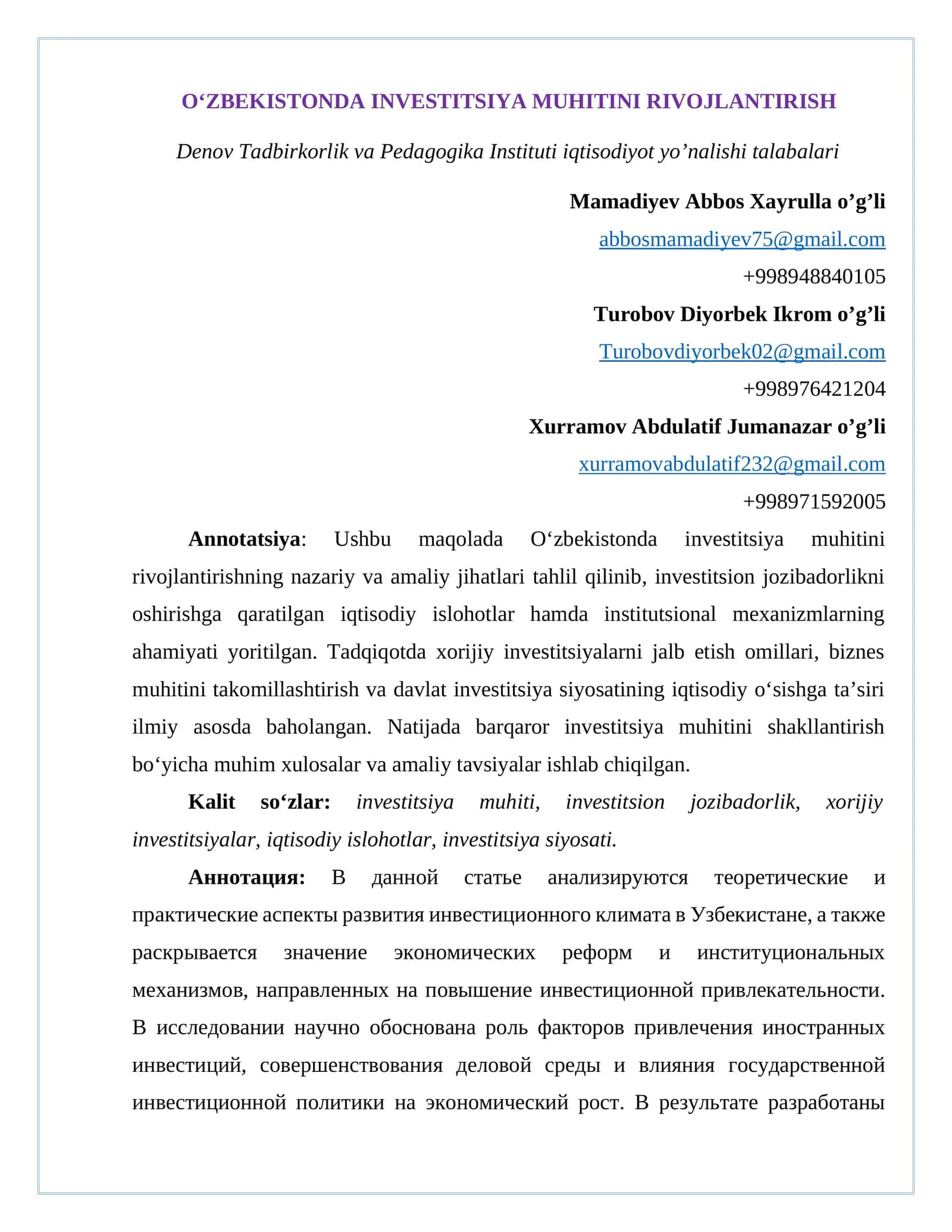 O‘ZBEKISTONDA INVESTITSIYA MUHITINI RIVOJLANTIRISH