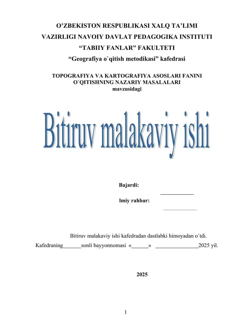 TOPOGRAFIYA VA KARTOGRAFIYA ASOSLARI FANINI O`QITISHNING NAZARIY MASALALARI