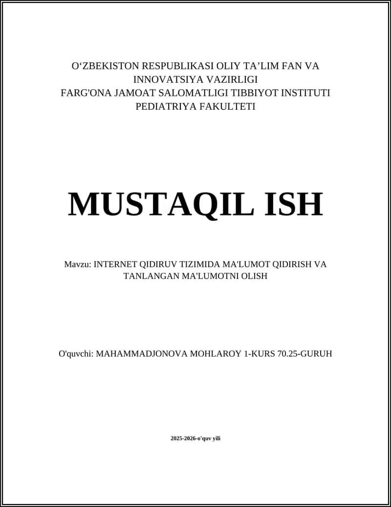 INTERNET QIDIRUV TIZIMIDA MA'LUMOT QIDIRISH VA TANLANGAN MA'LUMOTNI OLISH