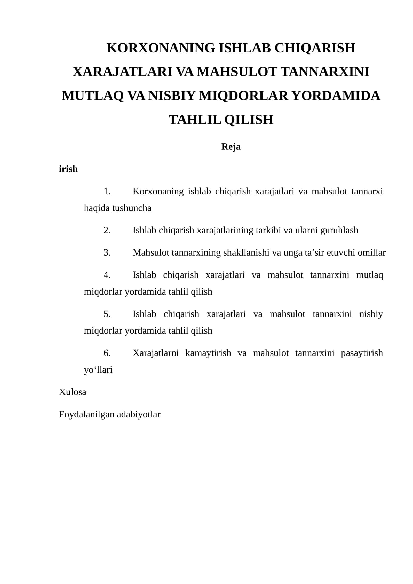 Mahsulot va xarajatlar tahlili