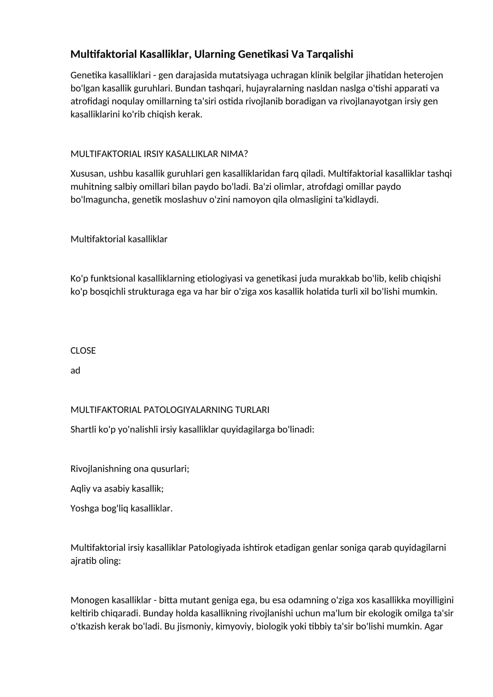 Multifaktorial Kasalliklar, Ularning Genetikasi Va Tarqalishi