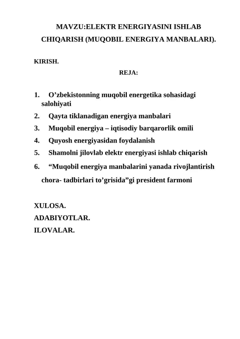 ELEKTR ENERGIYASINI ISHLAB CHIQARISH (MUQOBIL ENERGIYA MANBALARI)