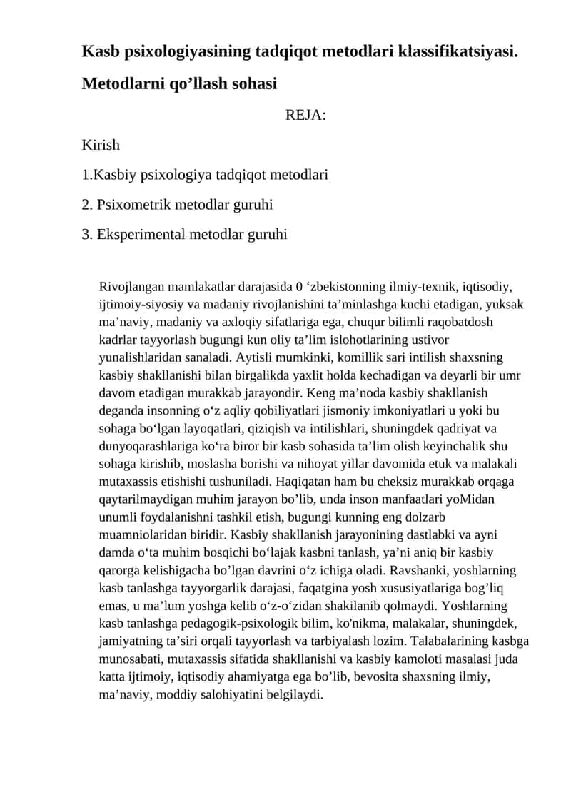 Kasb psixologiyasining tadqiqot metodlari klassifikatsiyasi