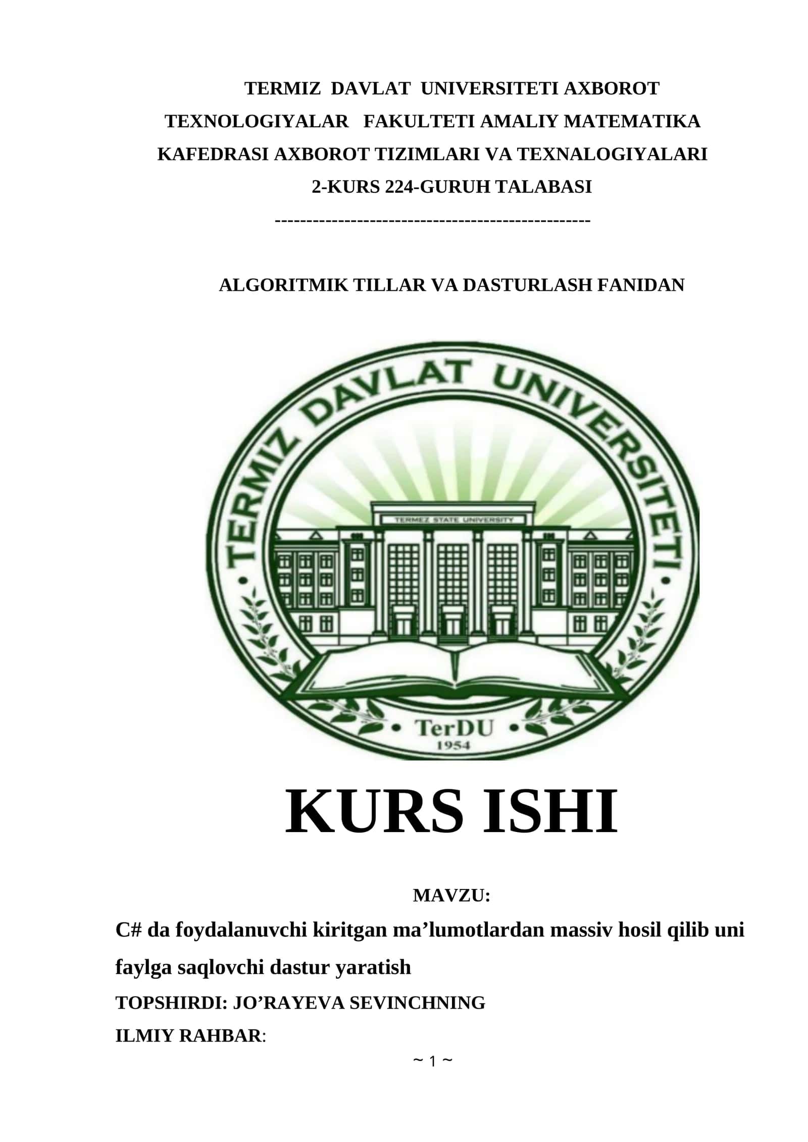 C# da foydalanuvchi kiritgan ma’lumotlardan massiv hosil qilib uni faylga saqlovchi dastur yaratish