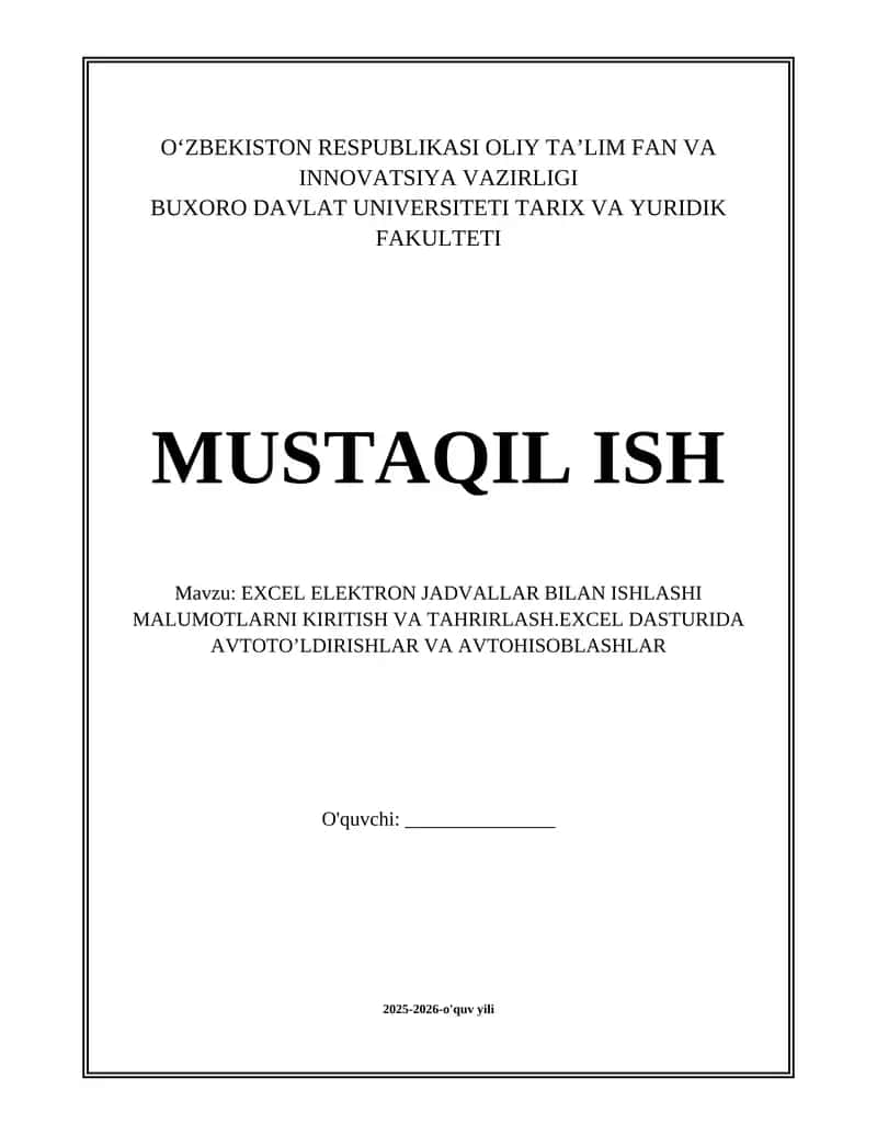 EXCEL ELEKTRON JADVALLAR BILAN ISHLASH