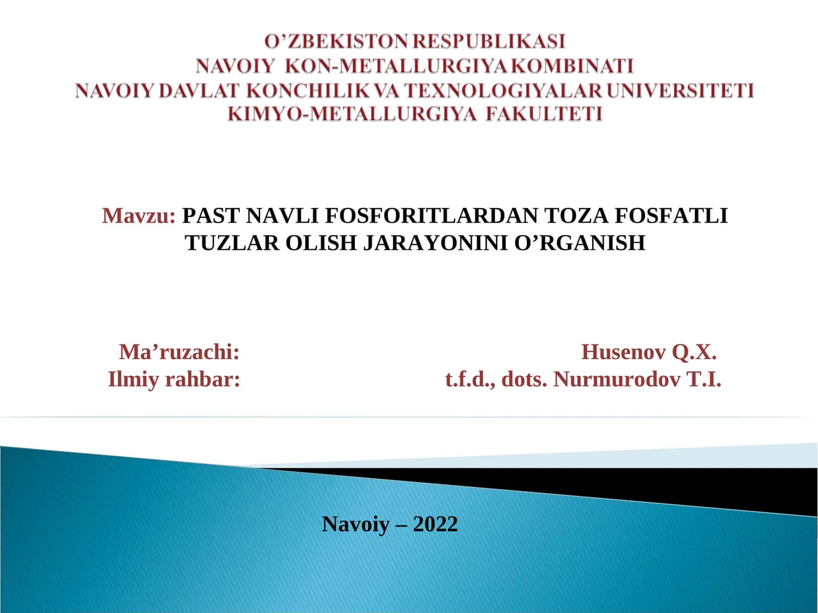 PAST NAVLI FOSFORITLARDAN TOZA FOSFATLI TUZLAR OLISH JARAYONINI O’RGANISH