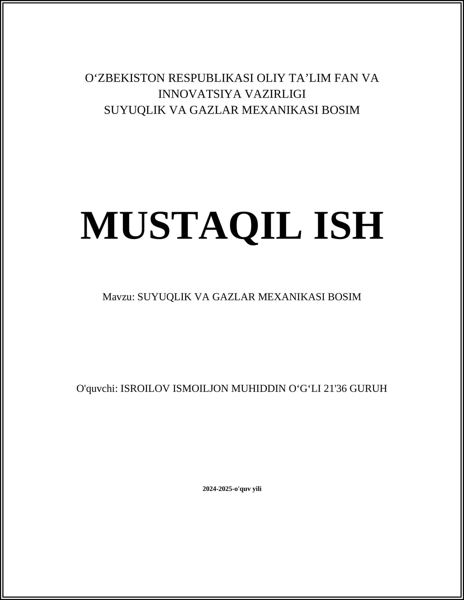 SUYUQLIK VA GAZLAR MEXANIKASI BOSIM