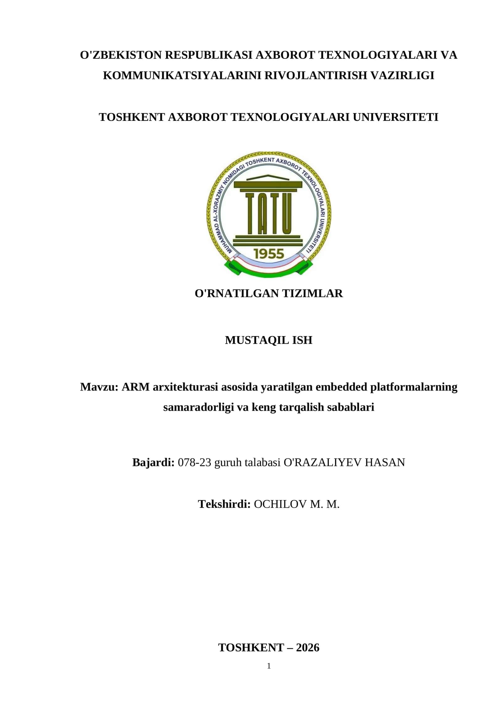 ARM arxitekturasi asosida yaratilgan embedded platformalarning samaradorligi va keng tarqalish sabablari