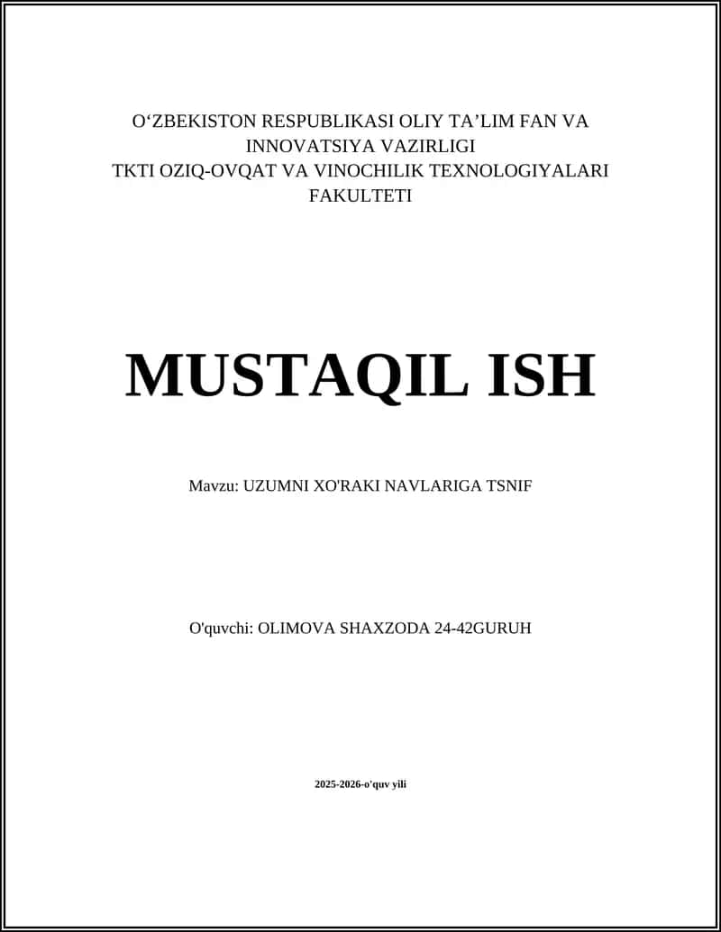UZUMNI XO'RAKI NAVLARIGA TSNIF