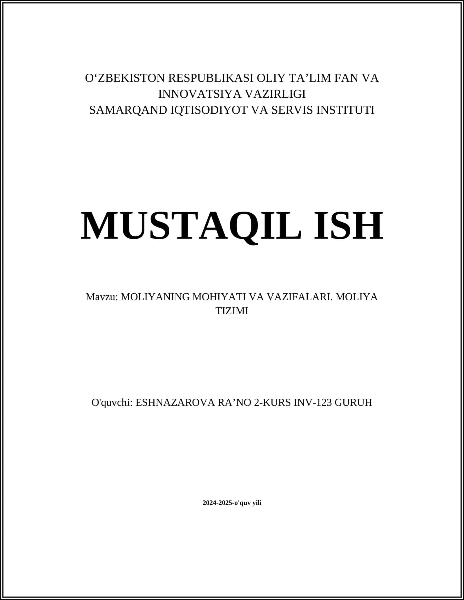 Moliyaning Mohiyati va Vazifalari