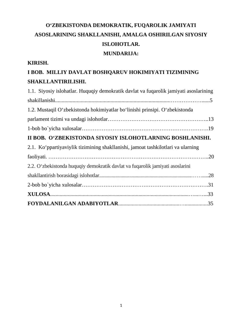 O‘ZBEKISTONDA DEMOKRATIK, FUQAROLIK JAMIYATI ASOSLARINING SHAKLLANISHI, AMALGA OSHIRILGAN SIYOSIY ISLOHOTLAR.
