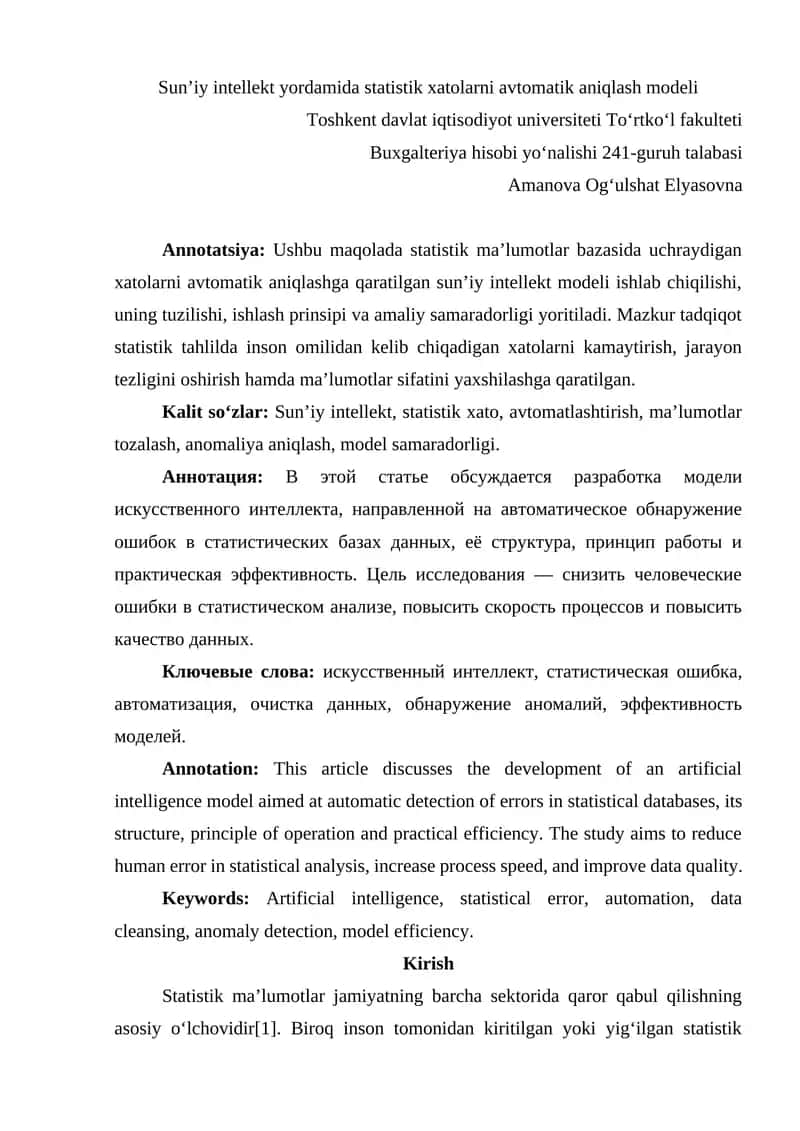 Sunʼiy intellekt yordamida statistik xatolarni avtomatik aniqlash modeli