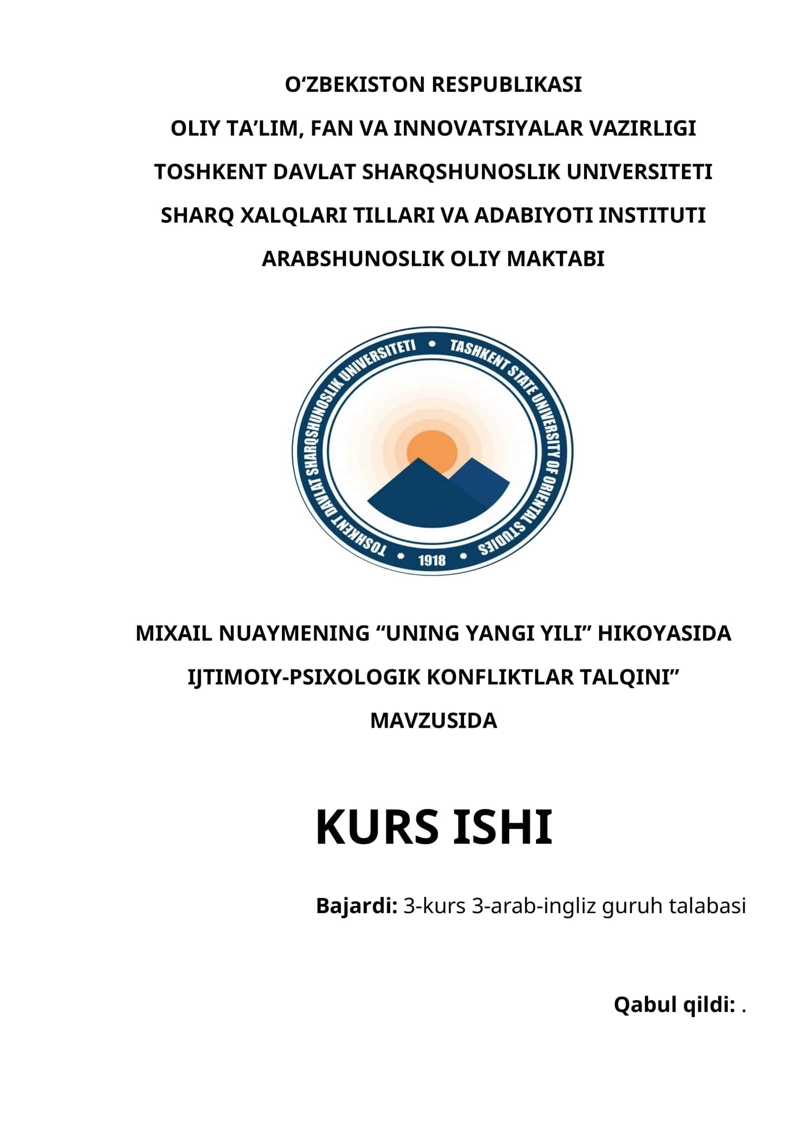 MIXAIL NUAYMENING “UNING YANGI YILI” HIKOYASIDA IJTIMOIY-PSIXOLOGIK KONFLIKTLAR TALQINI