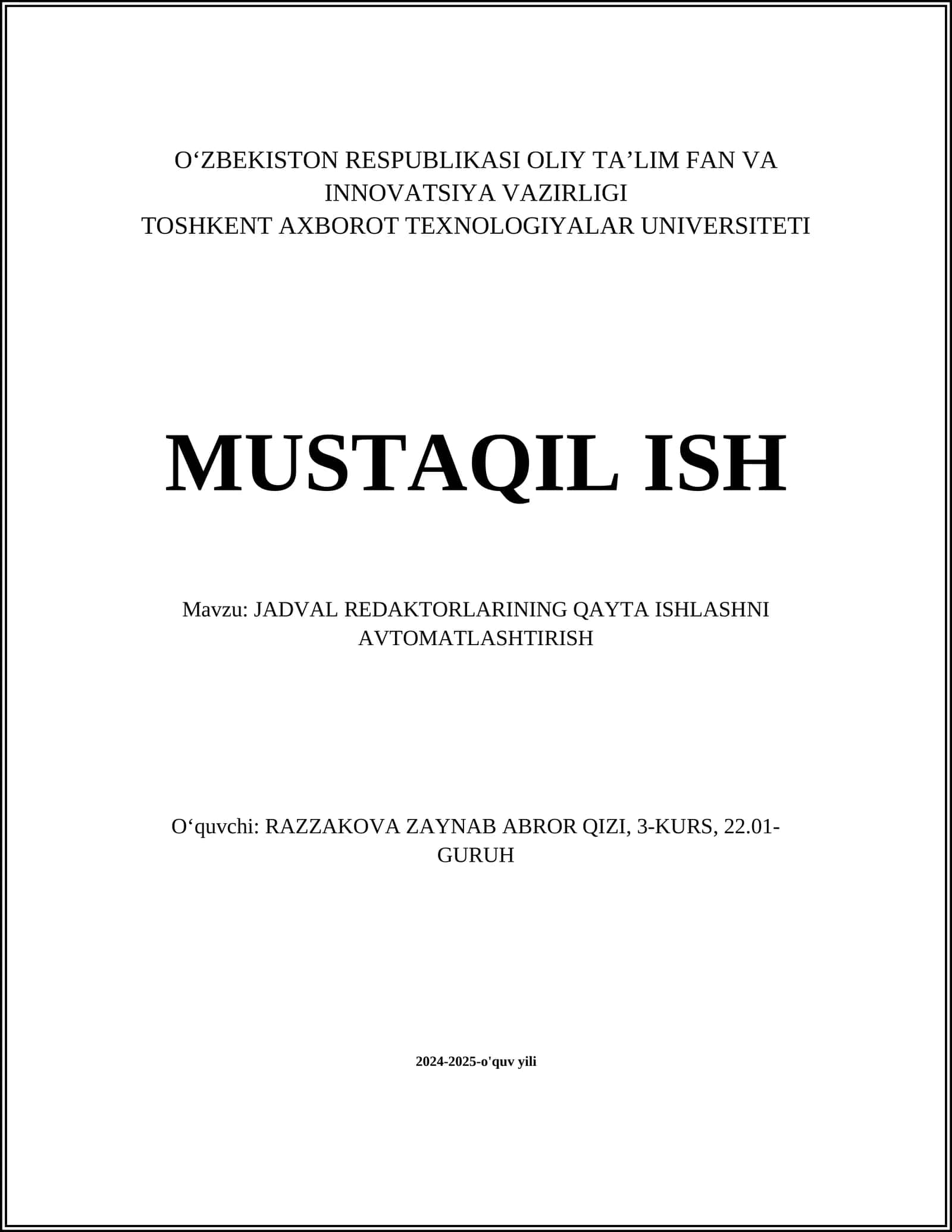 JADVAL REDAKTORLARINING QAYTA ISHLASHNI AVTOMATLASHTIRISH