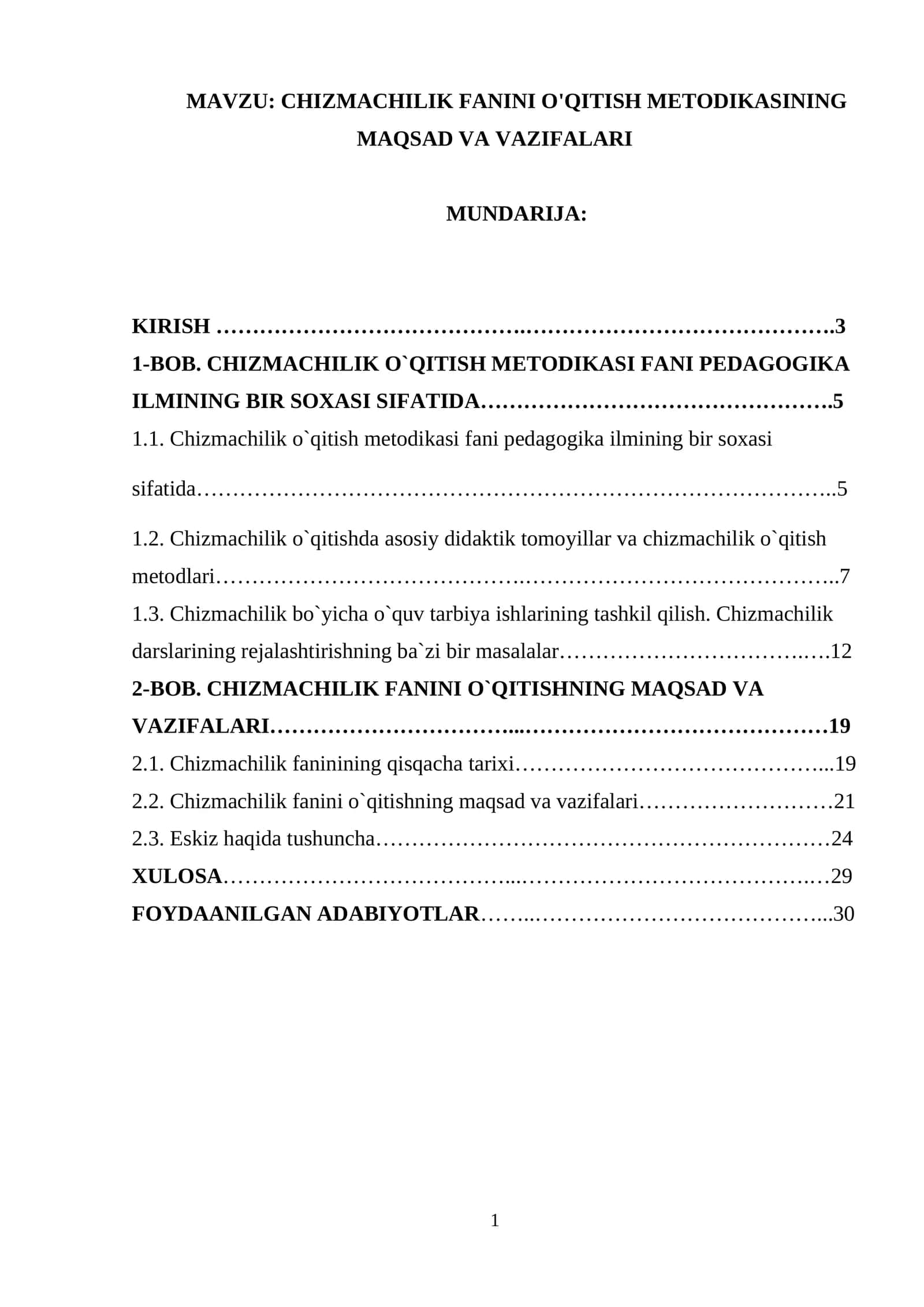 CHIZMACHILIK FANINI O'QITISH METODIKASINING MAQSAD VA VAZIFALARI