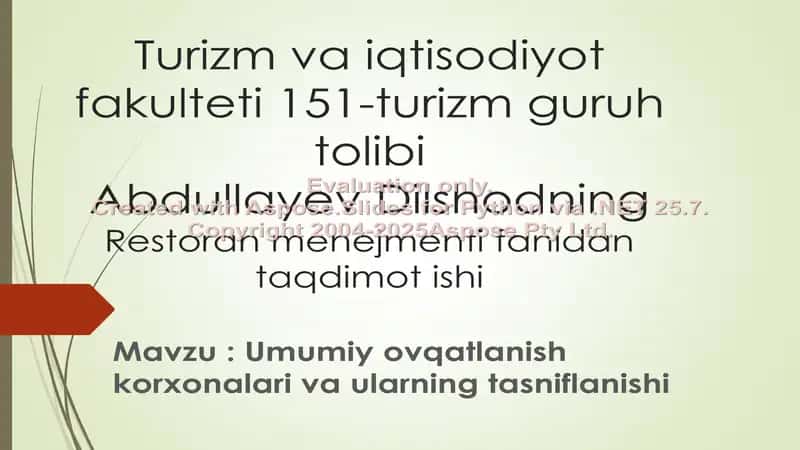 Umumiy ovqatlanish korxonalari va ularning tasniflanishi