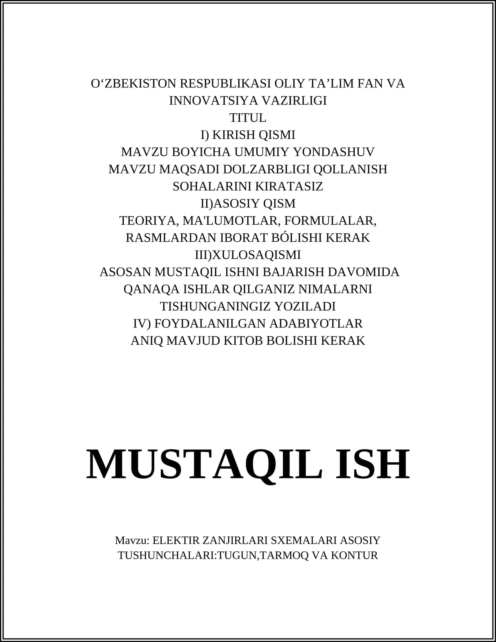 ELEKTIR ZANJIRLARI SXEMALARI ASOSIY TUSHUNCHALARI:TUGUN,TARMOQ VA KONTUR TUSHUNCHALARI ELEKT ZANJIRLARINING PASSIV VA AKTIV ELEMENTLAR PRINSIPIYAL SXEMALAR
