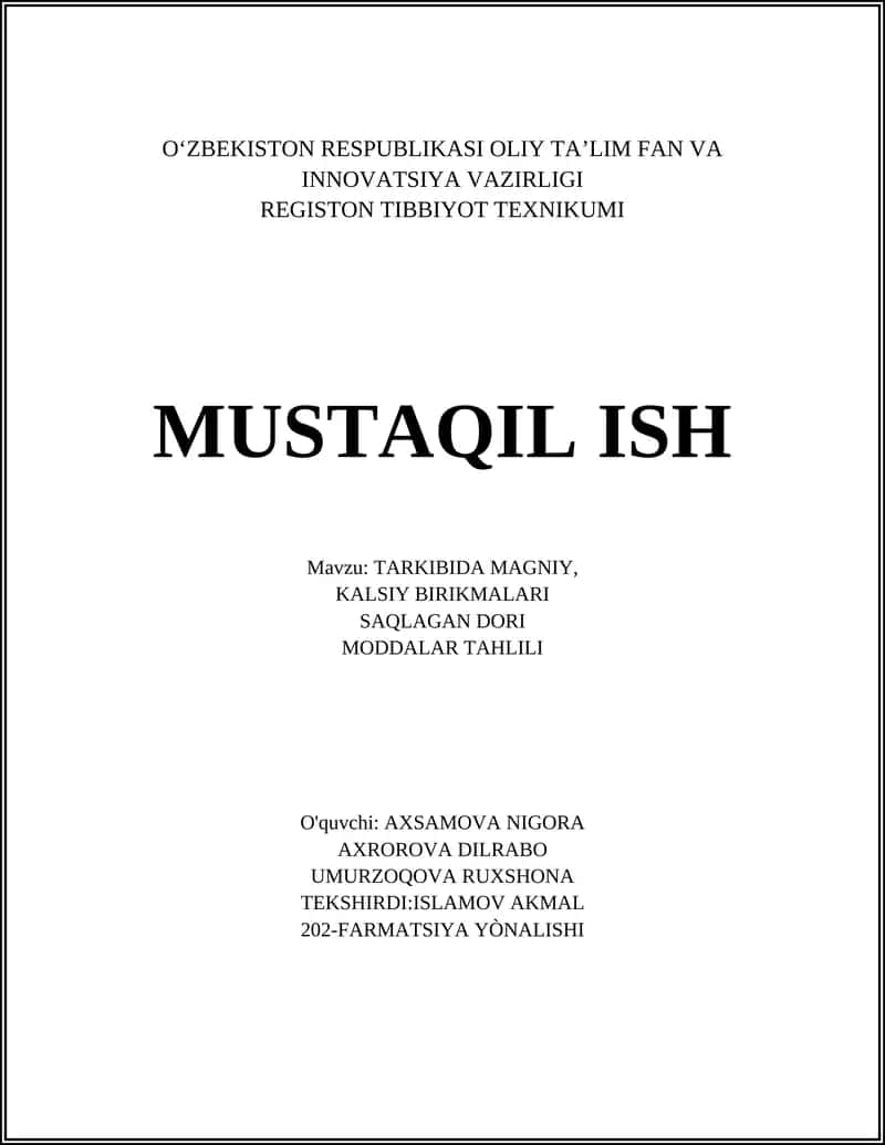 Tarkibida Magniy, Kalsiy Birikmalari Saqlagan Dori Moddalar Tahlili