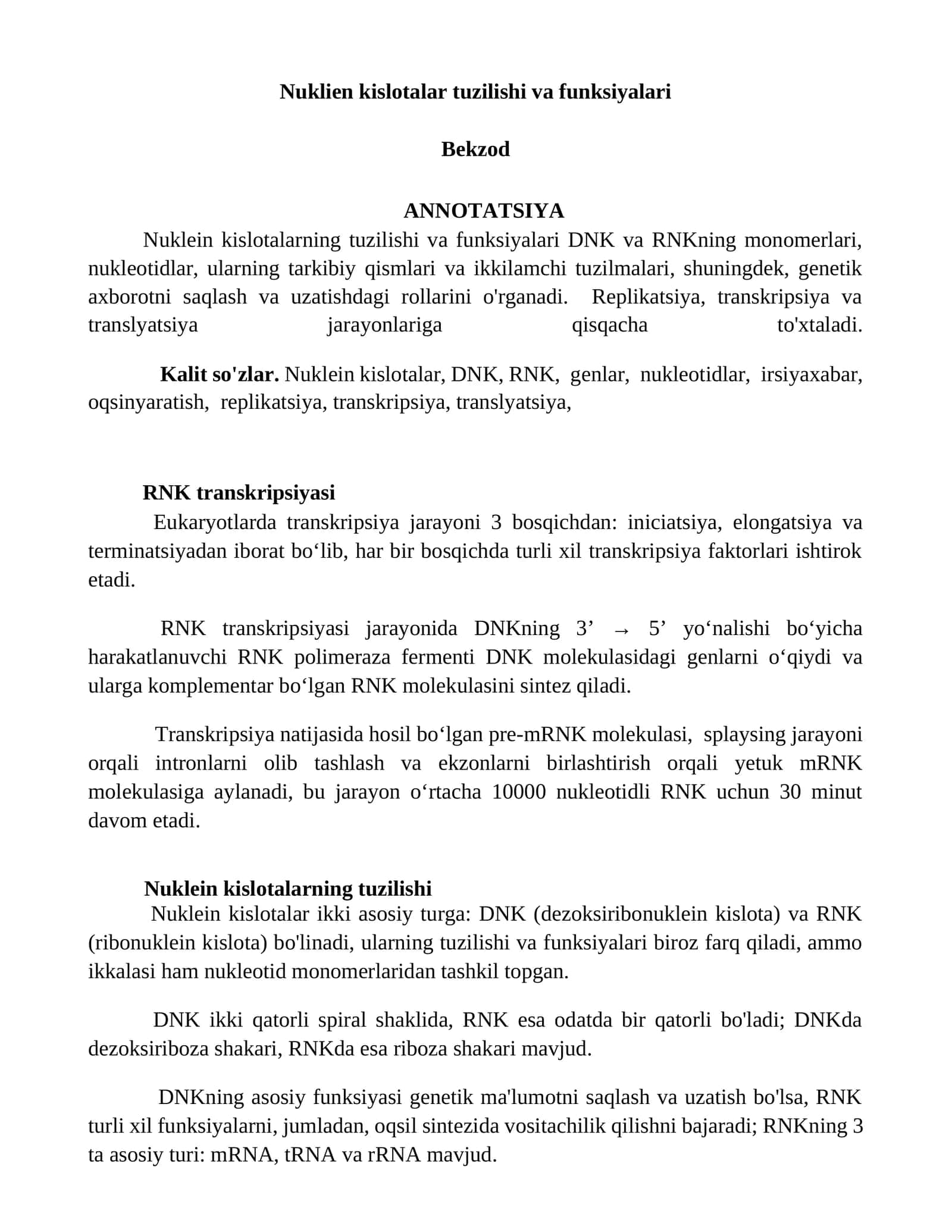 Nuklien kislotalar tuzilishi va funksiyalari