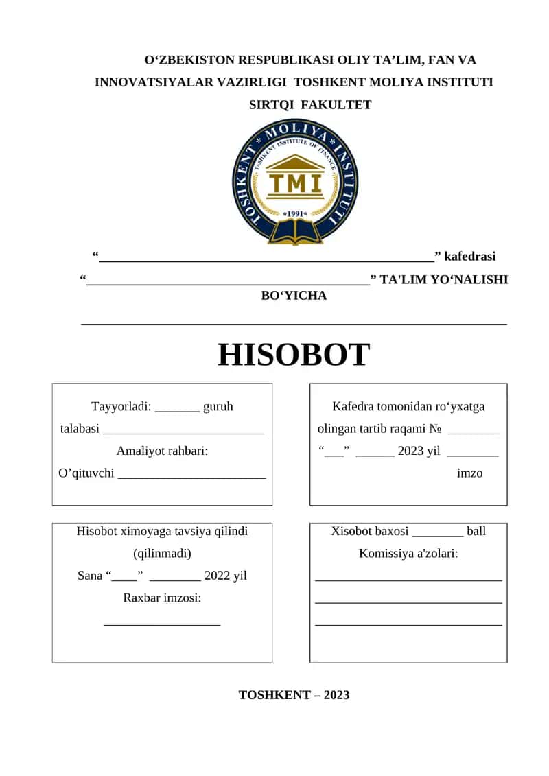 Oʻzbekiston Respublikasi Oliy Ta’lim, Fan va Innovatsiyalar Vazirligi Toshkent Moliya Instituti