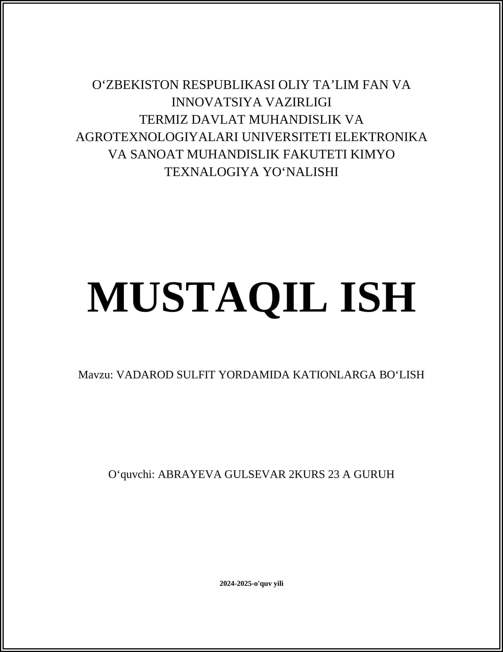 VADAROD SULFIT YORDAMIDA KATIONLARGA BO‘LISH